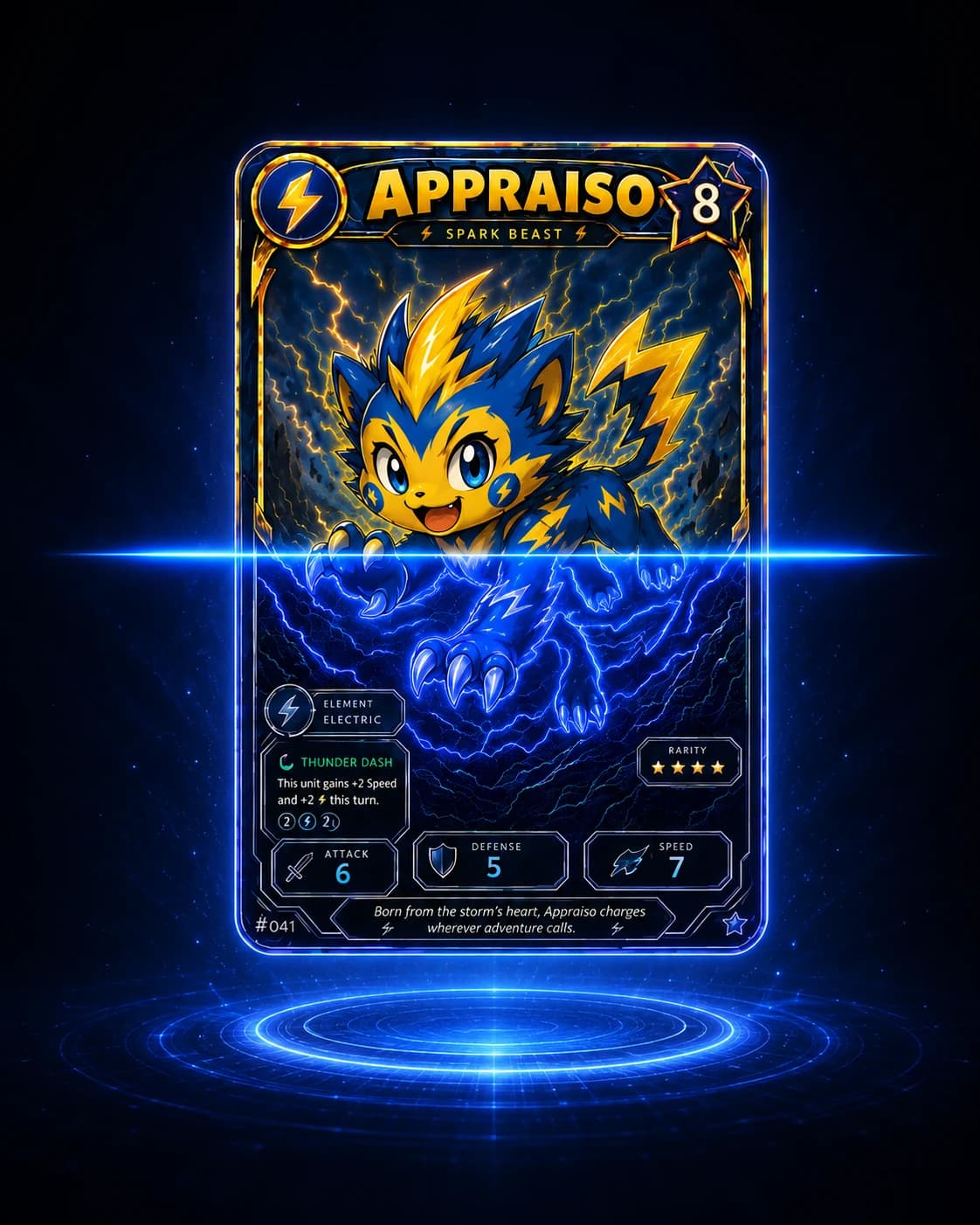 Appraiso Spark Beast holographic trading card with rarity stars and ATK, DEF, and SPEED stat tiles, identified by photo with set and card number matched