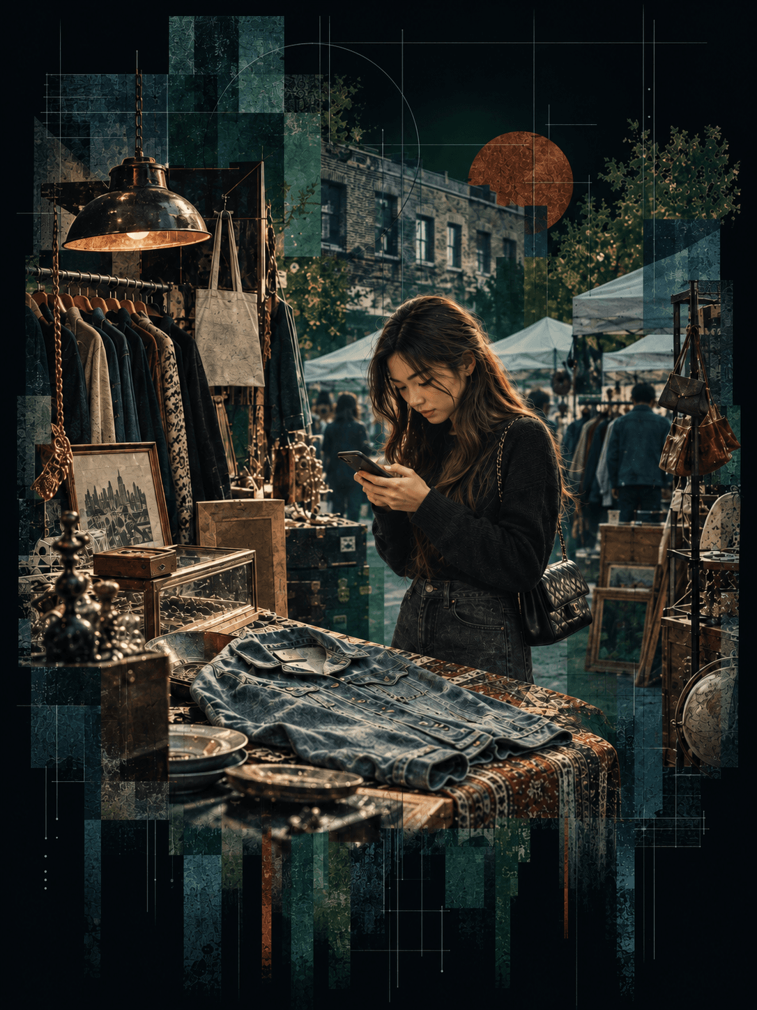 Collage of a shopper at a vintage market checking a denim jacket's price on her phone, surrounded by racks, lamps, and framed prints.