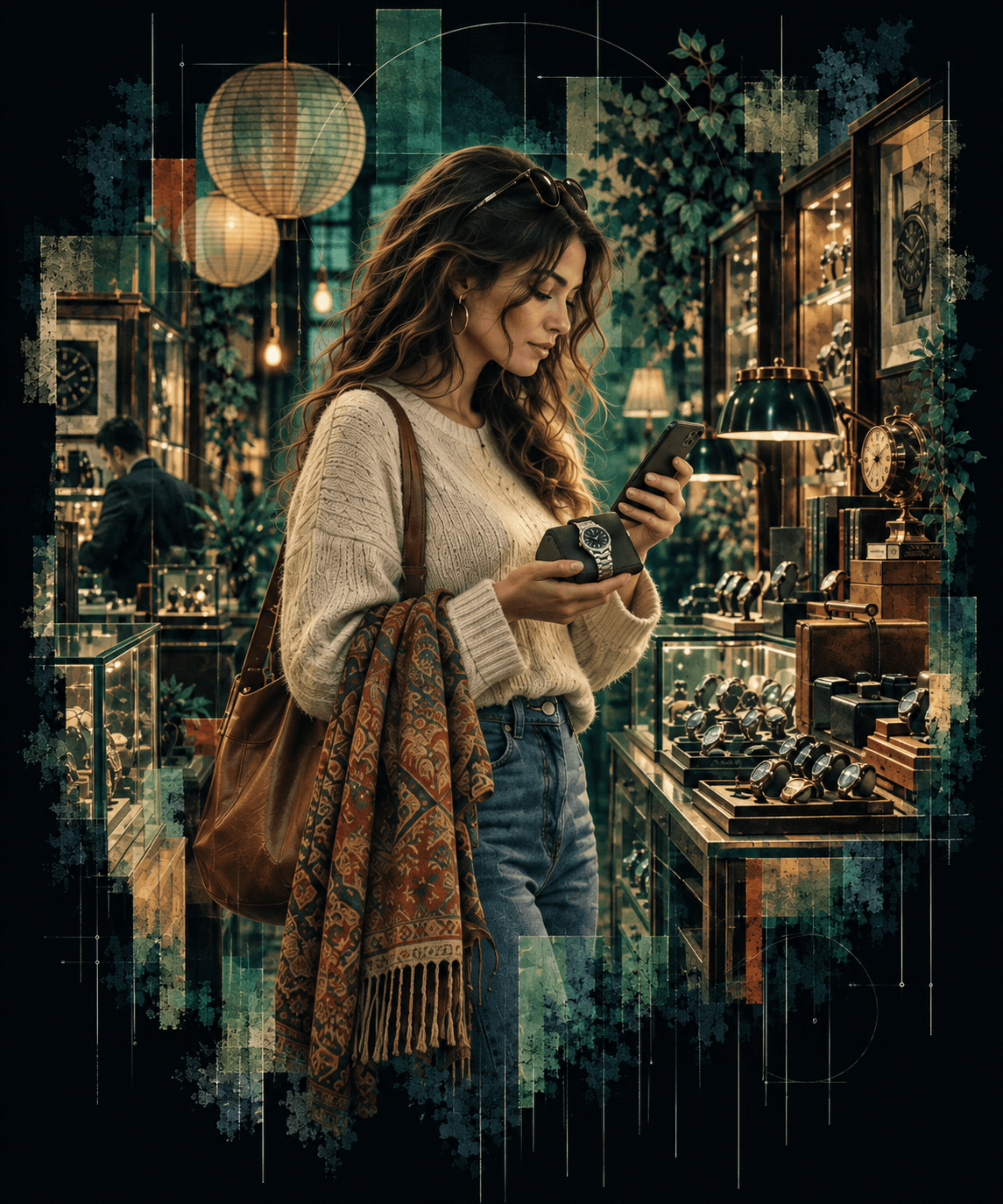 Collage of a shopper in a watch boutique holding a steel wristwatch and checking its market price on her phone.