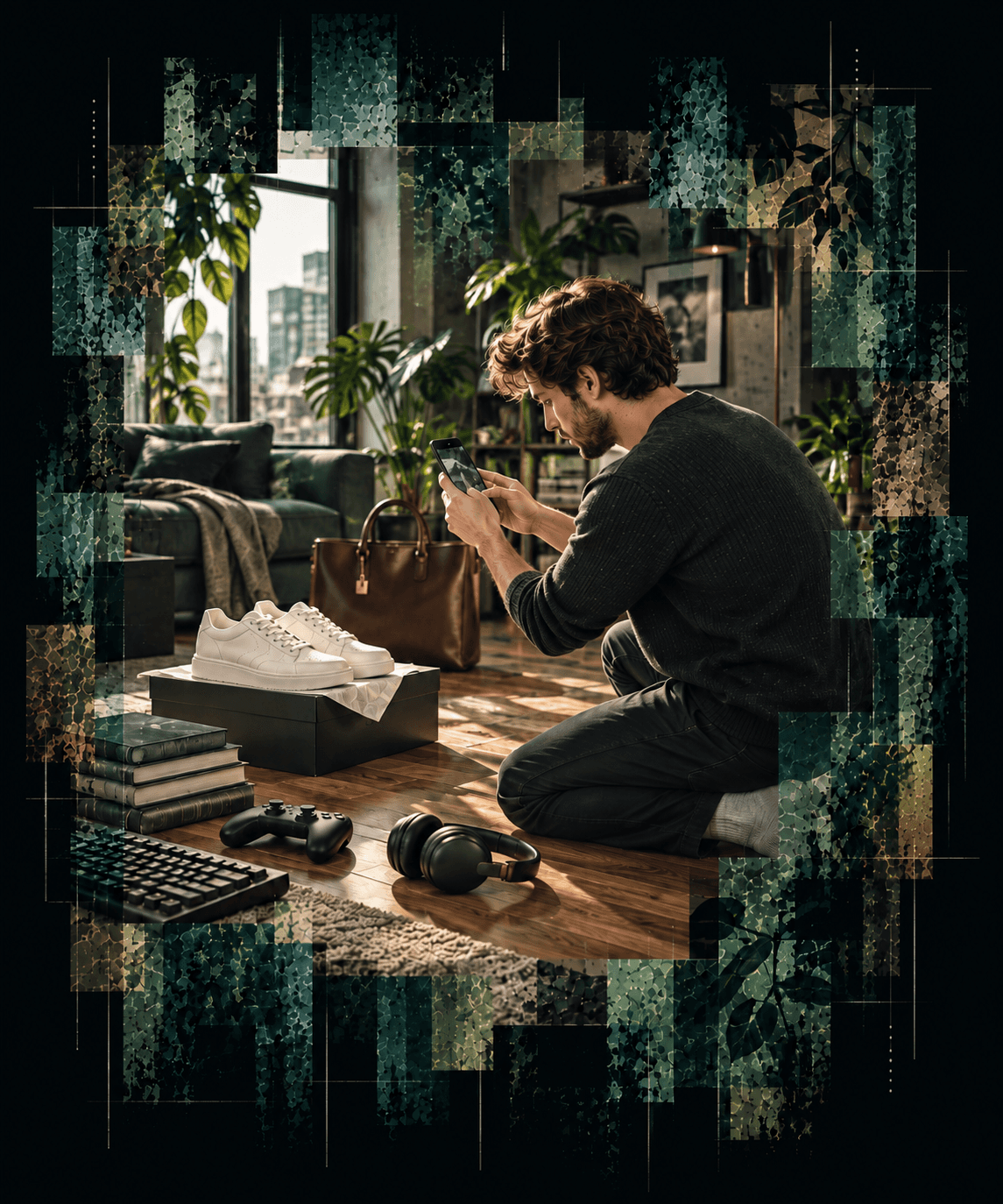 Collage of a man kneeling in his apartment photographing a pair of white sneakers on a shoebox with his phone, a handbag, headphones, controller, and books around him.