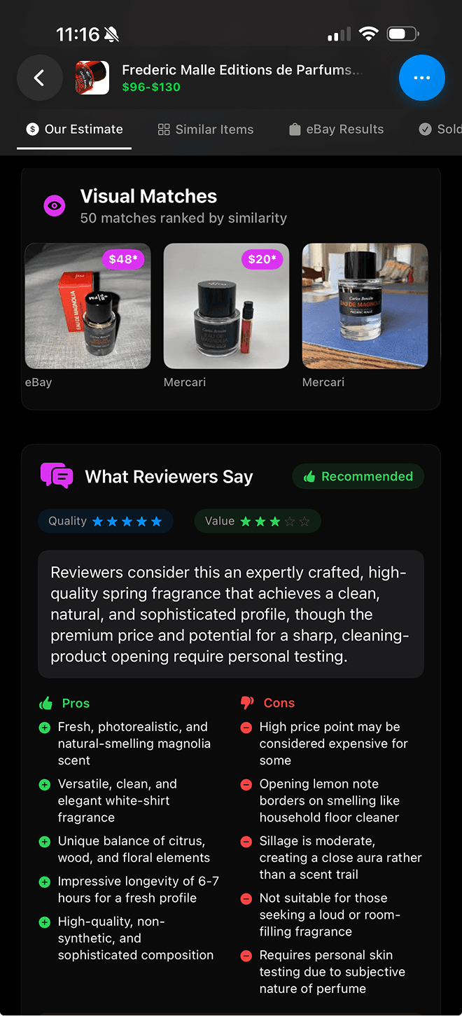 Appraiso visual matches and reviews screen