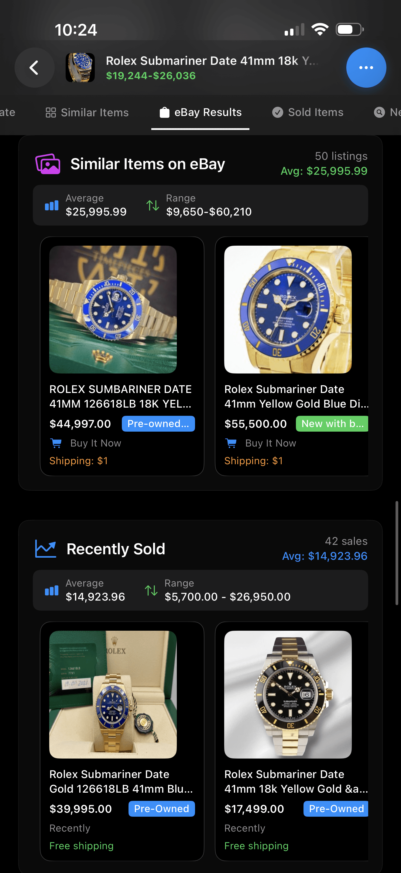 eBay sold listings comparison