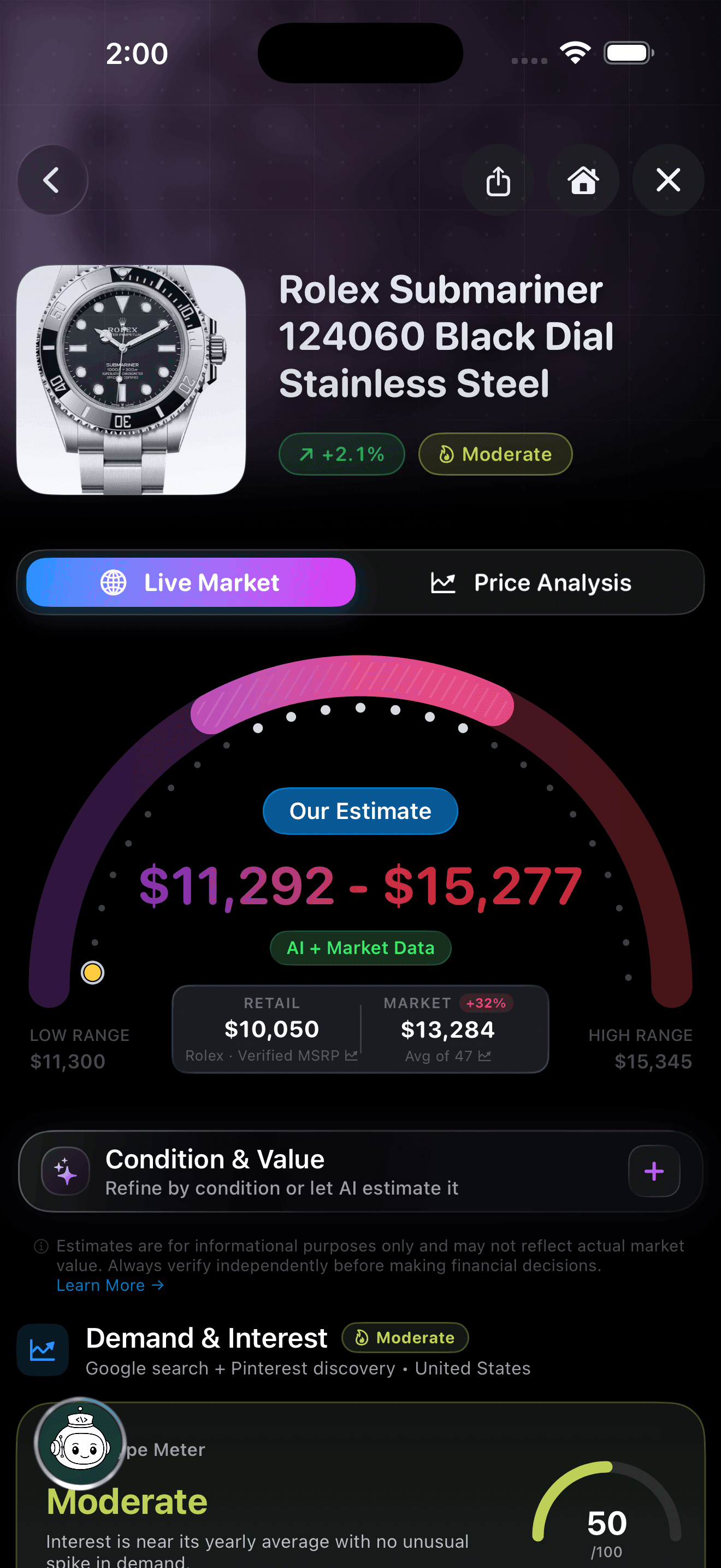 Appraiso report for a Rolex Submariner 124060: an estimate of $11,292 to $15,277, the $10,050 retail price beside a $13,284 market average of 47 prices, and demand rated moderate.
